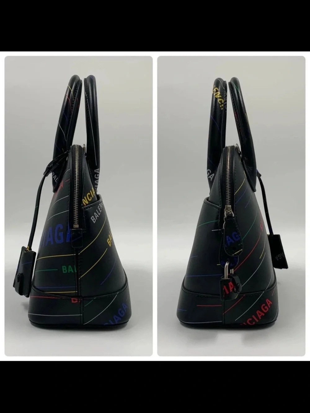 Balenciaga Black Multicolor Logo Dome Satchel with Top Handles